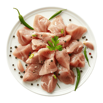 Raw chicken tender curry cut on white plate and garnished with garlic black pepper green chili png