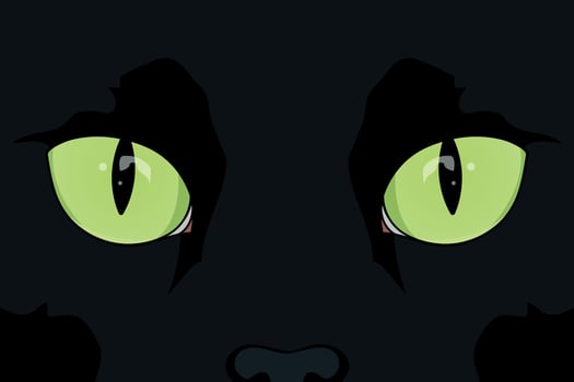 Black cat face close up. Feline eyes. Black cat with green eyes vector