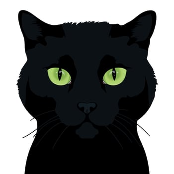 Black cat isolated on white background. Feline face. Black cat with green eyes. Realistic style. For stickers, t shirts, mugs, design vector