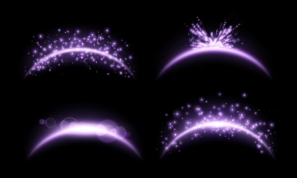 Purple magic arches set with glowing particles, sunlight lens flare. Neon realistic energy flare arch. Abstract light effect vector