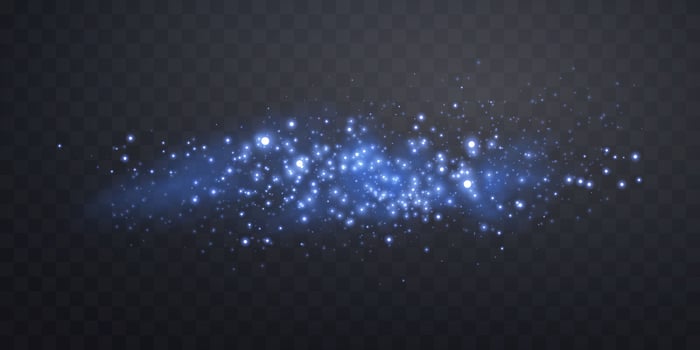 Blue glittering dots, particles, stars, magic sparks with smoke. Glow flare light effect. Blue luminous points in fog. vector