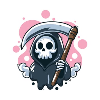Skull holding a scythe. Halloween cartoon illustration. vector
