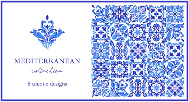 Italian ceramic blue and white tile pattern. Mediterranean porcelain pottery. Ethnic folk ornament. Mexican talavera, portuguese azulejo, spanish majolica, arabesque motif. illustration vector