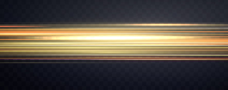 Speed rays, velocity light neon flow, zoom in motion effect, gold glow speed lines, colorful light trails, stripes. vector