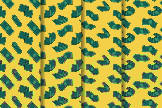 set of green money cartoon pattern for packaging. cash flow seamless pattern background. seamless pattern of falling money or cash. doodle raining money bill pattern collection for print and wallpaper vector