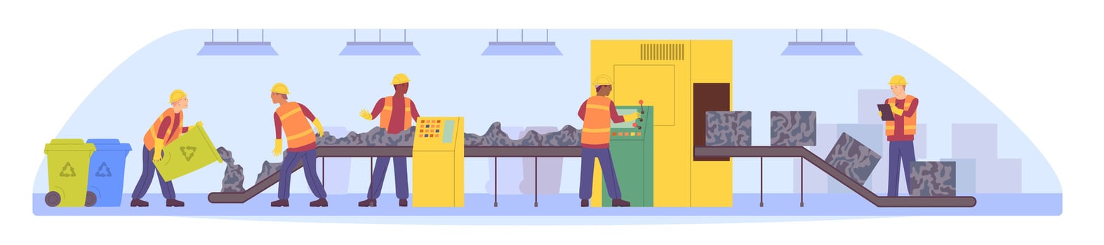 Cartoon Color Characters People and Garbage Recycling Process on Conveyor Concept. vector