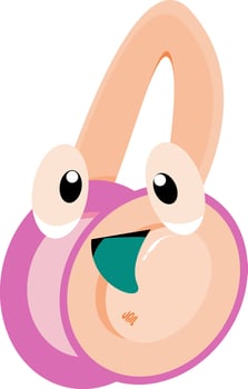 Smiling cartoon character with large eyes, pink body, and teal mouth suitable for childrens book illustrations, websites, and social media. vector