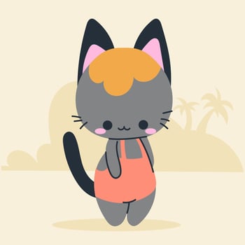 Cute kawaii cat on beach in cartoon, flat, doodle, simple style. Design element for posters, postcards, greeting cards, wallpapers, children's clothes, fabrics, t-shirts, logos vector