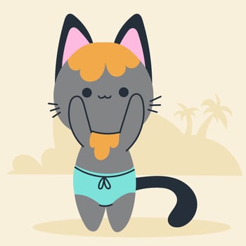 Cute kawaii cat on beach in cartoon, flat, doodle, simple style. Design element for posters, postcards, greeting cards, wallpapers, children's clothes, fabrics, t-shirts, logos vector