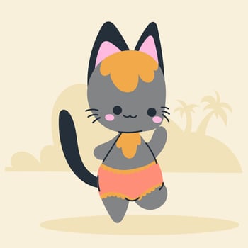 Cute kawaii cat on beach in cartoon, flat, doodle, simple style. Design element for posters, postcards, greeting cards, wallpapers, children's clothes, fabrics, t-shirts, logos vector