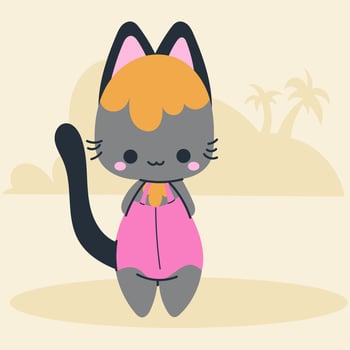 Cute kawaii cat on beach in cartoon, flat, doodle, simple style. Design element for posters, postcards, greeting cards, wallpapers, children's clothes, fabrics, t-shirts, logos vector