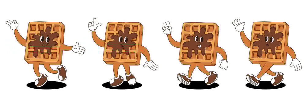 Retro groovy waffle characters set. vector