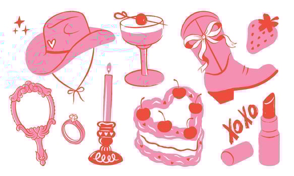 Set of cute trend illustrations of hand drawn sketch girly cowgirl hat, cowboy boots, coquette bows, birthday cake, women's accessories, pink color bohemian collection vector