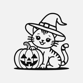 Cute Halloween Cat coloring page for kids. Cat In A Witch Hat Sitting On Halloween Pumpkin. vector