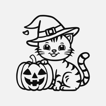 Cute Halloween Cat coloring page for kids. Cat In A Witch Hat Sitting On Halloween Pumpkin. vector