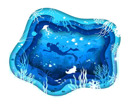 Scuba diver at paper cut underwater landscape vector