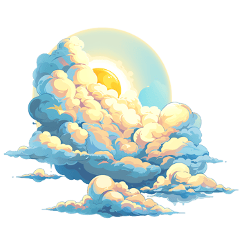 The cartoon style depiction of a sun and clouds stands alone png