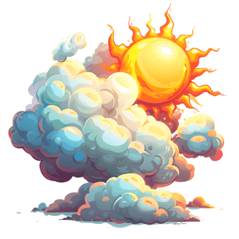 The cartoon style depiction of a sun and clouds stands alone png