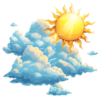 The cartoon style depiction of a sun and clouds stands alone png