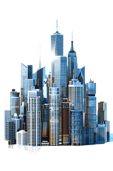 The skyline of a bustling city depicted in a striking 3D style emerges prominently png