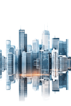 The skyline of a bustling city depicted in a striking 3D style emerges prominently png