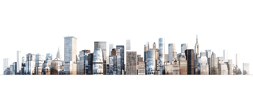 The skyline of a bustling city depicted in a striking 3D style emerges prominently png