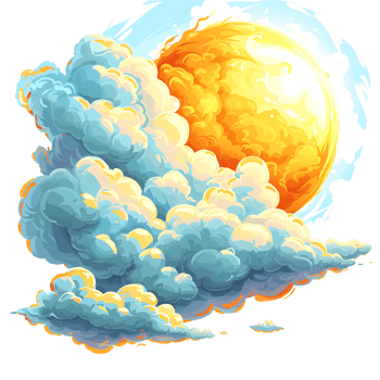 The cartoon style depiction of a sun and clouds stands alone png