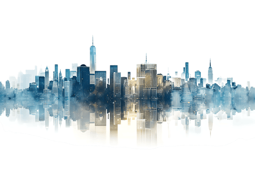 The skyline of a bustling city depicted in a striking 3D style emerges prominently png