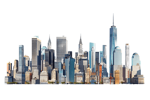 The skyline of a bustling city depicted in a striking 3D style emerges prominently png