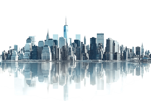 The skyline of a bustling city depicted in a striking 3D style emerges prominently png