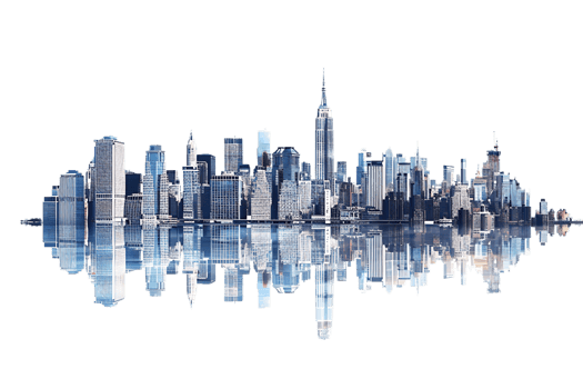 The skyline of a bustling city depicted in a striking 3D style emerges prominently png