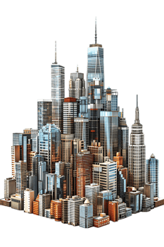The skyline of a bustling city depicted in a striking 3D style emerges prominently png