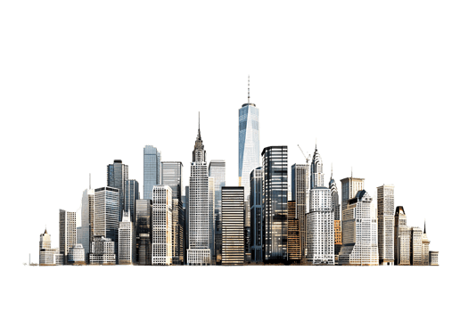 The skyline of a bustling city depicted in a striking 3D style emerges prominently png
