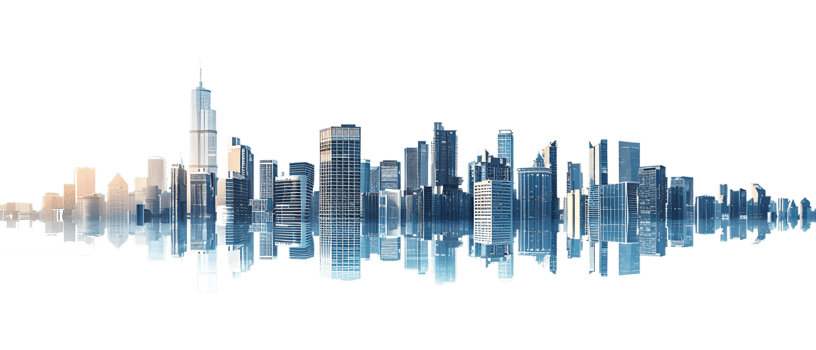 The skyline of a bustling city depicted in a striking 3D style emerges prominently png