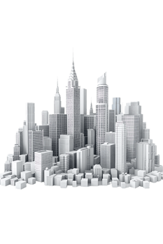 The skyline of a bustling city depicted in a striking 3D style emerges prominently png