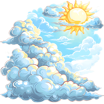 The cartoon style depiction of a sun and clouds stands alone png
