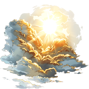 The cartoon style depiction of a sun and clouds stands alone png