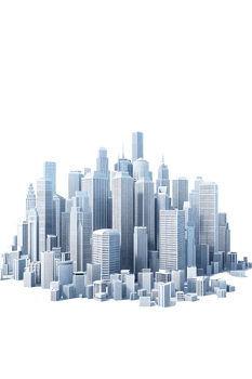 The skyline of a bustling city depicted in a striking 3D style emerges prominently png