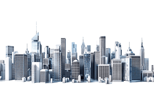 The skyline of a bustling city depicted in a striking 3D style emerges prominently png