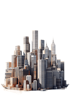 The skyline of a bustling city depicted in a striking 3D style emerges prominently png