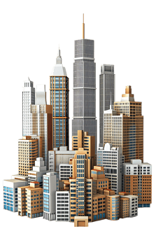 The skyline of a bustling city depicted in a striking 3D style emerges prominently png