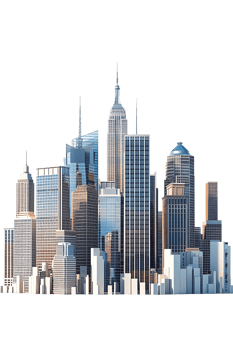 The skyline of a bustling city depicted in a striking 3D style emerges prominently png