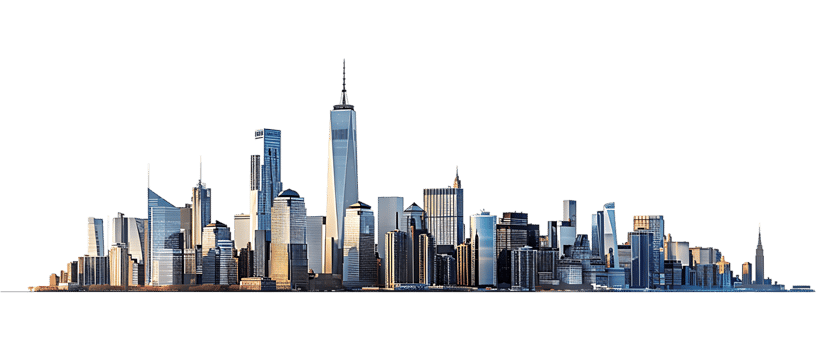 The skyline of a bustling city depicted in a striking 3D style emerges prominently png