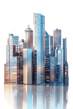 The skyline of a bustling city depicted in a striking 3D style emerges prominently png
