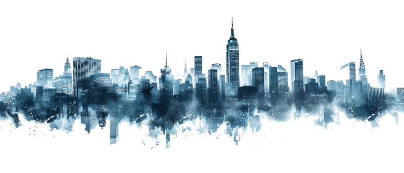 The skyline of a bustling city depicted in a striking 3D style emerges prominently png