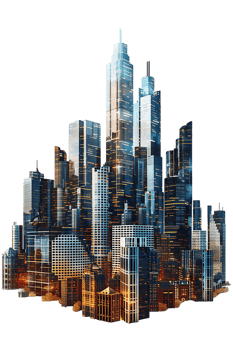 The skyline of a bustling city depicted in a striking 3D style emerges prominently png