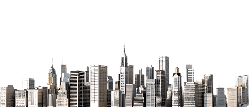 The skyline of a bustling city depicted in a striking 3D style emerges prominently png
