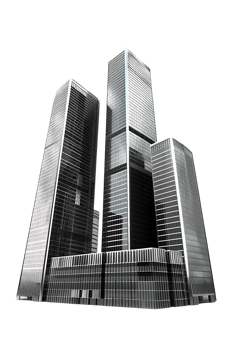 The skyline of a bustling city depicted in a striking 3D style emerges prominently png