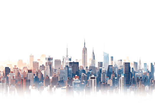 The skyline of a bustling city depicted in a striking 3D style emerges prominently png
