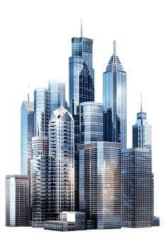 The skyline of a bustling city depicted in a striking 3D style emerges prominently png